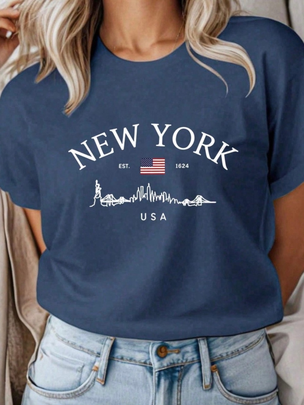 SHEIN New York City Skyline Graphic Tee-Shirt/Navy Blue/L